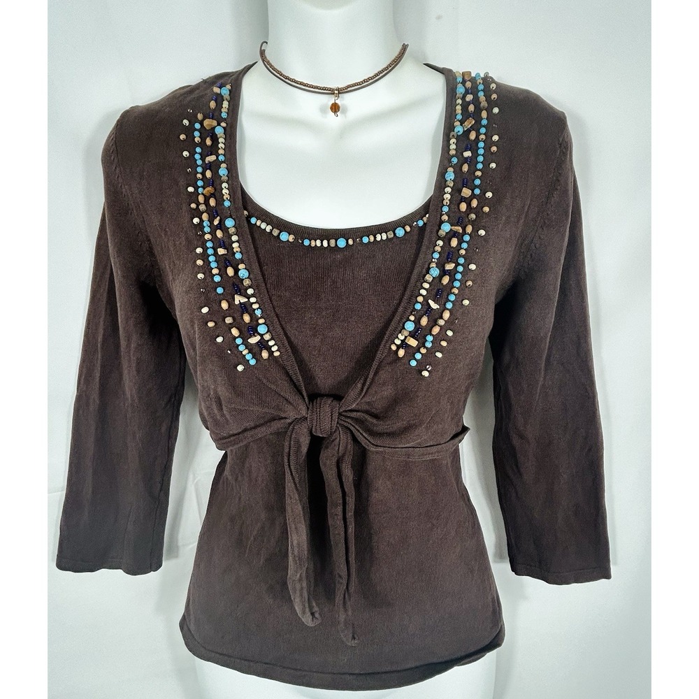Vintage Womens Beaded Brown Boho Forest Fairy Top Silk Blend Size S 90s Earthy